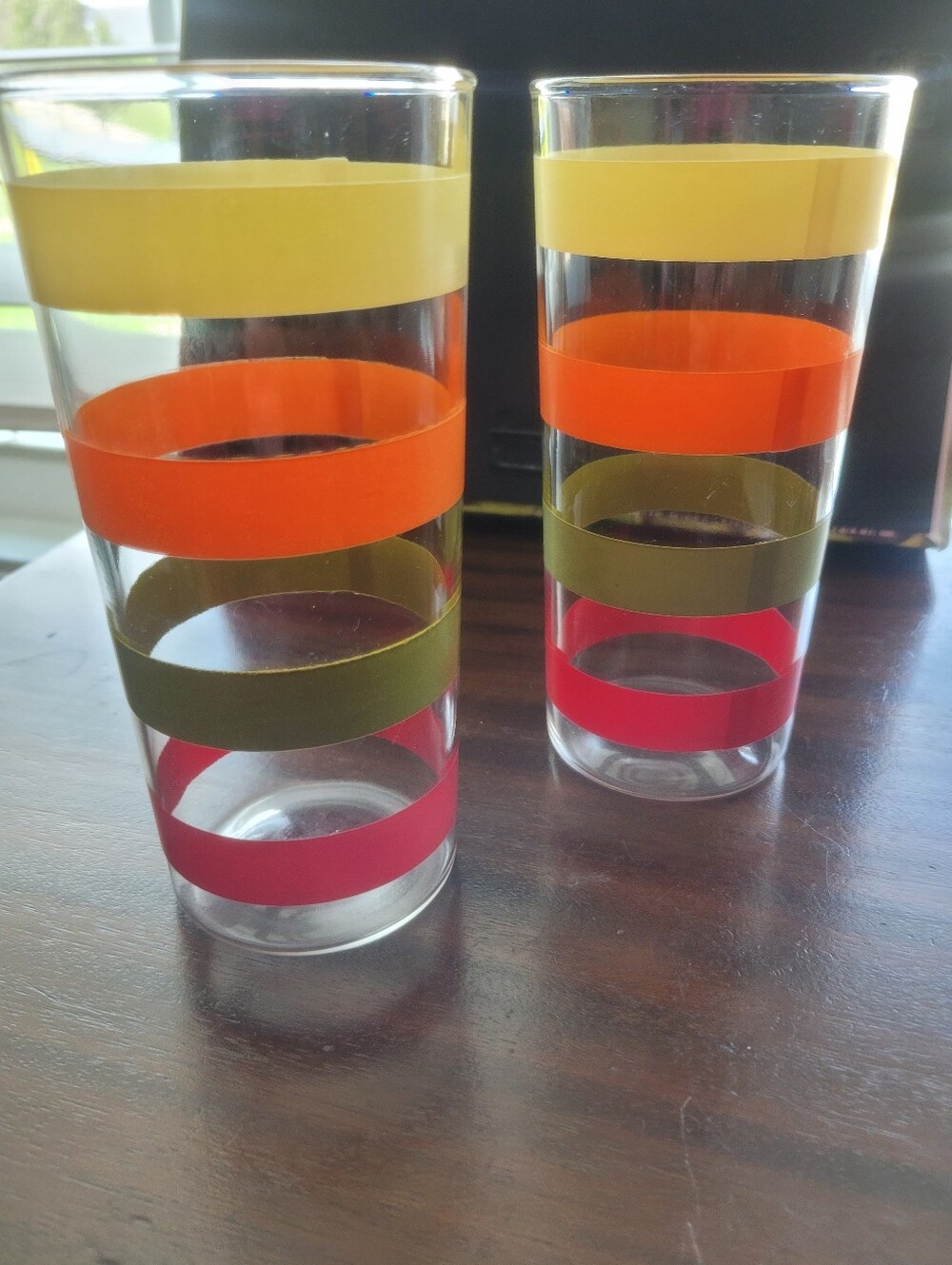 Hazel Atlas Fiesta Bands Glass Tumblers in Mustard Orange, Avocado and Red